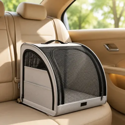Foldable dog car carrier placed on car back seat for comfortable pet travel