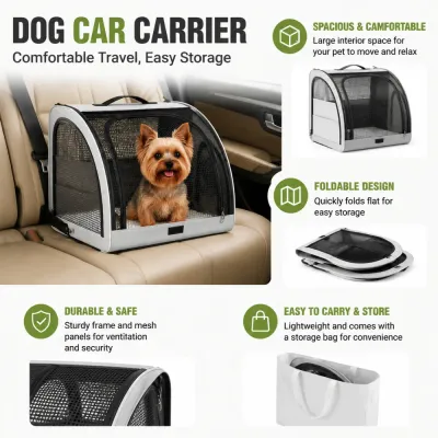 Portable dog car carrier with foldable design, mesh ventilation and storage bag