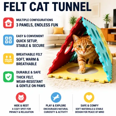 Interactive Felt Cat Tunnel Toy with Multiple Configurations Felt cat tunnel available in blue, red, and yellow color options for pet stores