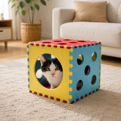 Soft Felt Cat Tunnel Hideout for Indoor Cats Indoor cat playing inside a colorful felt tunnel cube toy in a living room