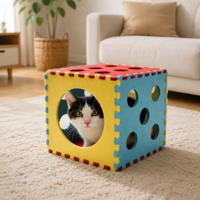 Indoor cat playing inside a colorful felt tunnel cube toy in a living room
