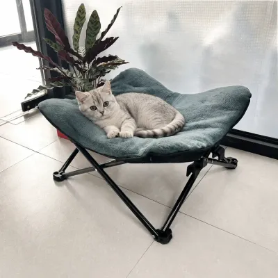 Cat Sleeping on Elevated Pet Cot Bed Cat resting on an elevated pet cot bed with soft fabric and durable frame