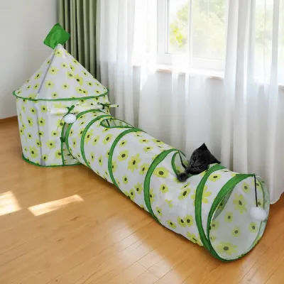 Cat Playing Inside Foldable Tunnel Bed Cat playing in a foldable tunnel bed with cozy indoor pet space