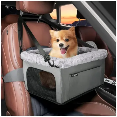 Small Dog Riding Comfortably in Car Booster Seat Small dog sitting in a gray car booster seat inside a vehicle for safe travel