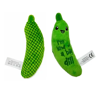 Green Dill Pickle Cat Toy Front and Back View Green dill pickle cat toy showing front and back design with plush texture