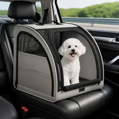 Small dog inside a breathable dog car carrier during a road trip