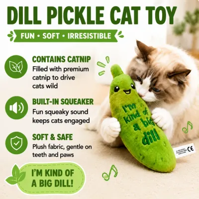 Dill Pickle Cat Toy with Catnip and Squeaker Features Dill pickle cat toy with premium catnip filling, built-in squeaker, and soft plush material