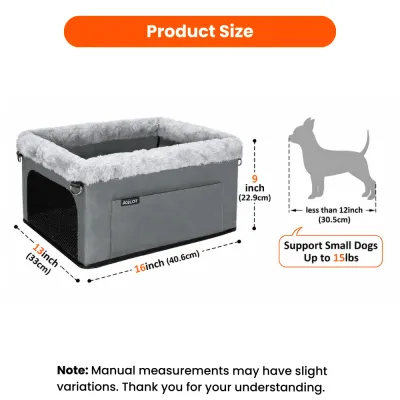 Small Dog Car Seat Size Guide 16 x 13 x 9 Inches Dog car booster seat size chart showing 16 inch length, 13 inch width, and 9 inch height for small dogs up to 15 lbs