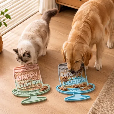 Cat and Dog Using Lick Mat at Home Cat and dog using silicone lick mat for treats and enrichment at home