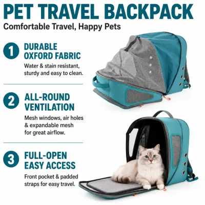 Expandable teal pet carrier backpack with Oxford fabric, mesh ventilation and full-open front access