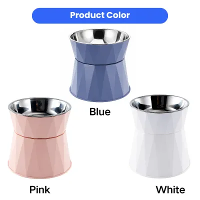 Blue Pink and White Elevated Pet Bowl Color Options Elevated stainless steel pet bowls shown in blue pink and white color options with labeled product colors