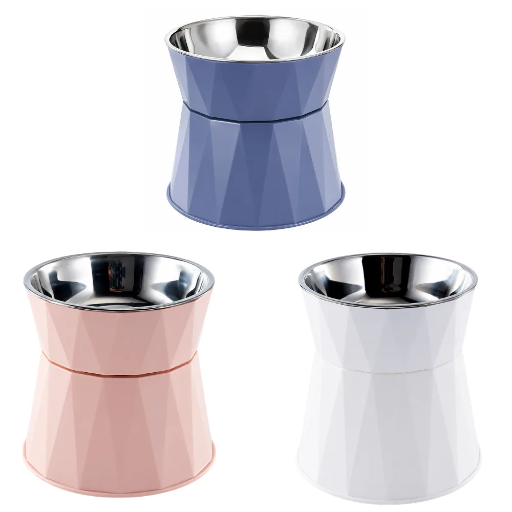 Blue pink and white elevated pet bowls with stainless steel inserts displayed on a white background