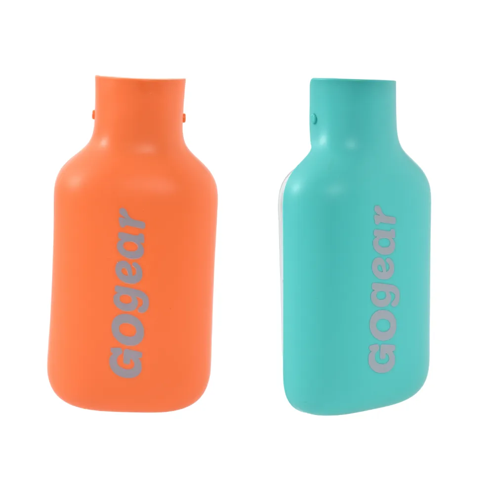 Orange and Teal Portable Dog Water Bottles Orange and teal portable dog water bottle covers with wrist straps displayed on a white background