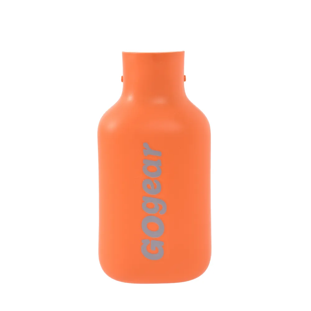 Orange Portable Dog Water Bottle Product View Front view of an orange portable dog water bottle cover with vertical GOGEAR logo on a white background