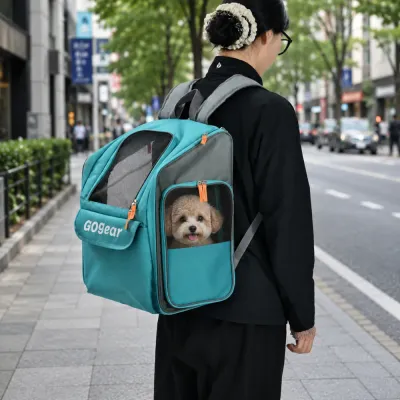 Dog Travel Backpack for Outdoor Walking Small dog riding in a teal breathable pet carrier backpack during an outdoor walk