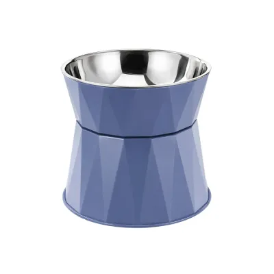 Blue Elevated Stainless Steel Pet Bowl for Cats and Dogs Blue geometric elevated pet bowl with a reflective stainless steel insert isolated on a white background