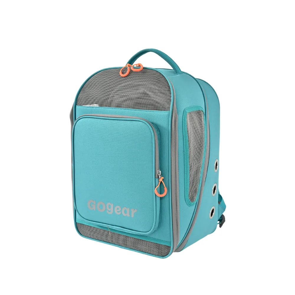 Teal Expandable Pet Carrier Backpack Teal expandable backpack carrier for cats and small dogs with mesh windows and front storage pocket