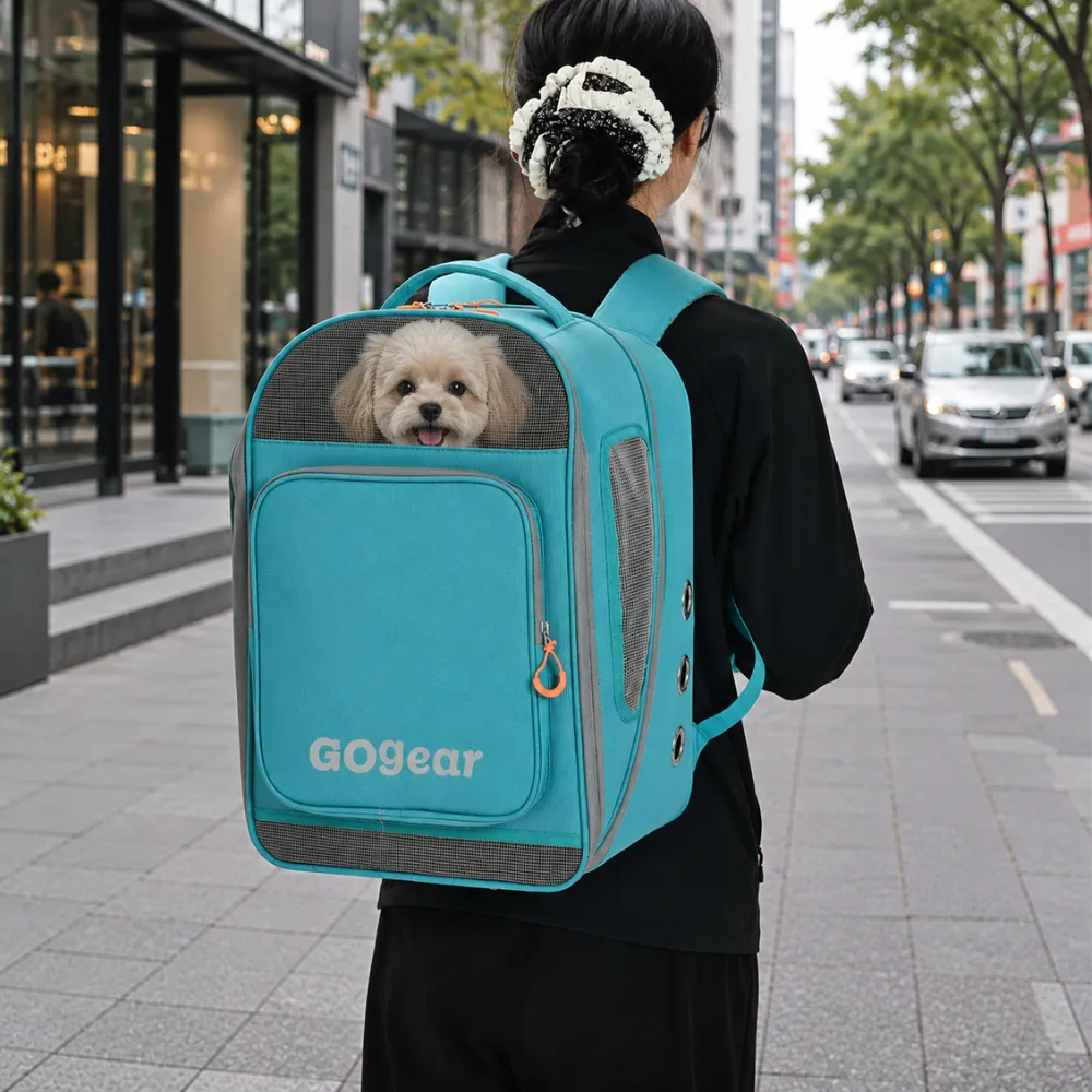 Small Dog Travel Backpack for Outdoor Trips Person carrying a small dog in a ventilated teal pet travel backpack on a city street