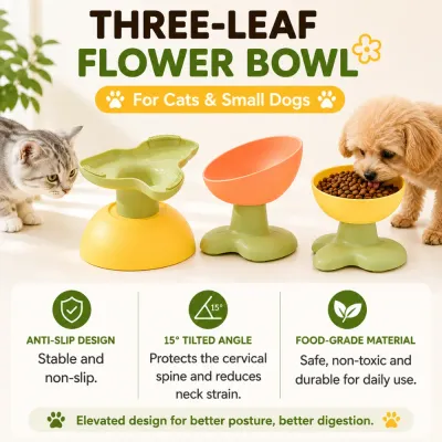 Three Leaf Flower Bowl for Cats and Small Dogs Three leaf flower elevated pet bowl with anti slip base and 15 degree tilted design for cats and small dogs