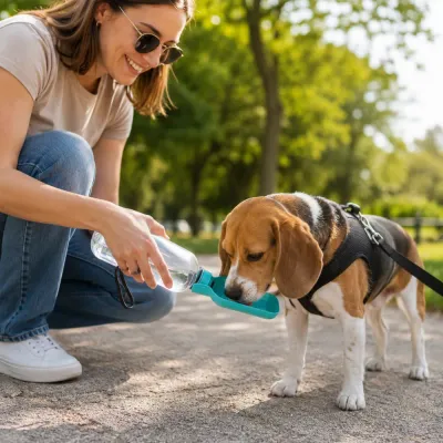 Pet owner using a teal portable dog water bottle to give a beagle water during an outdoor walk