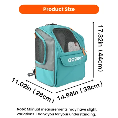 Expandable Pet Travel Backpack Size Guide Expandable pet travel backpack measuring 14.96 x 11.02 x 17.32 inches