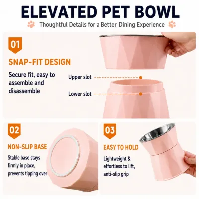 Elevated Pet Bowl with Snap Fit and Non Slip Base Pink elevated pet bowl featuring a snap fit design, non slip base and lightweight easy hold construction