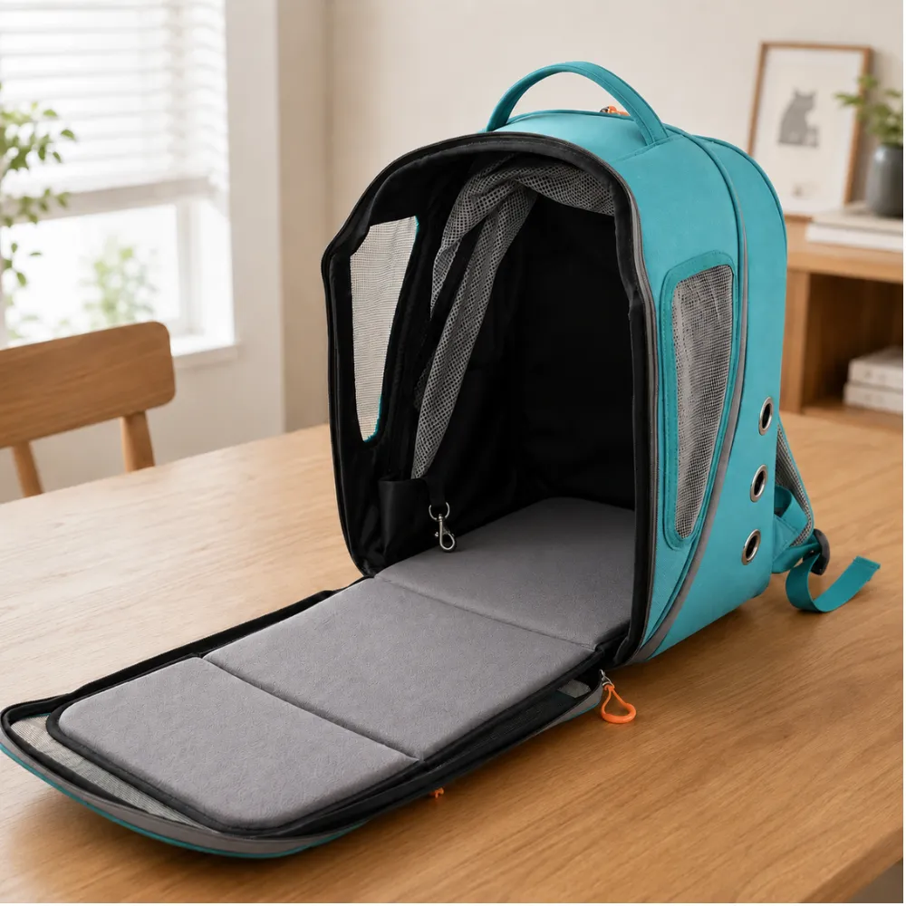 Full-Open Pet Backpack Carrier Interior Open teal pet backpack carrier with a spacious interior, padded mat and safety leash