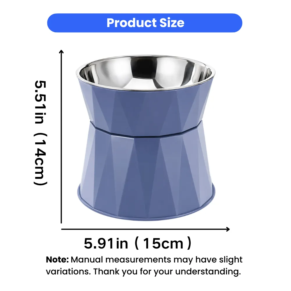 Blue elevated pet bowl measuring 5.91 inches wide and 5.51 inches high with a stainless steel insert