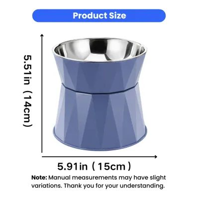 Blue Elevated Pet Bowl Size Guide 5.91 x 5.51 Inches Blue elevated pet bowl measuring 5.91 inches wide and 5.51 inches high with a stainless steel insert