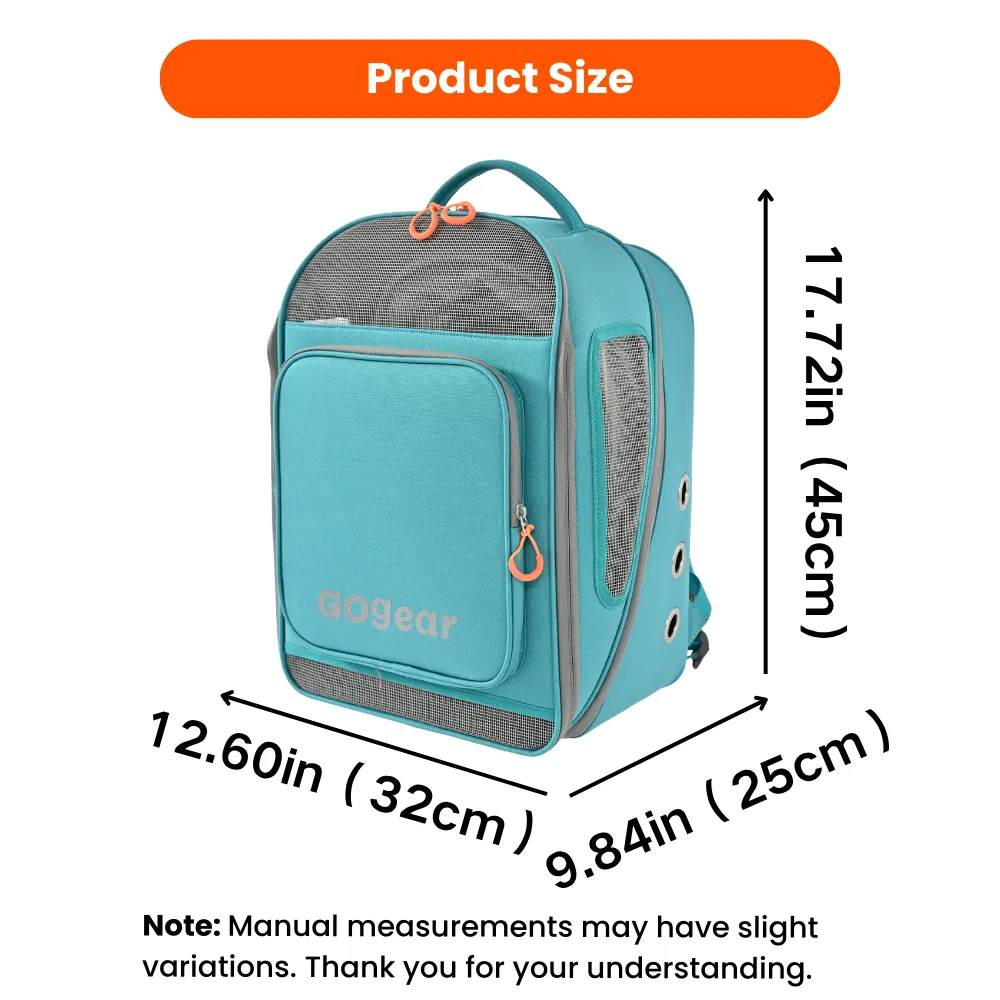 Expandable Pet Travel Backpack Size Guide Teal expandable pet travel backpack measuring 12.60 by 9.84 by 17.72 inches