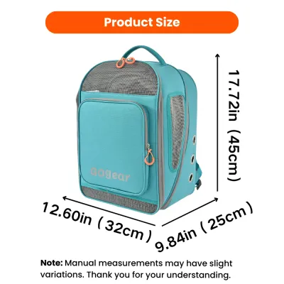 Teal expandable pet travel backpack measuring 12.60 by 9.84 by 17.72 inches