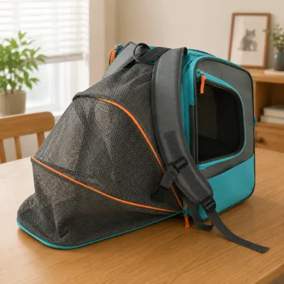 Expandable Mesh Pet Backpack Indoor View Teal expandable pet carrier backpack with extended breathable mesh compartment on a wooden table