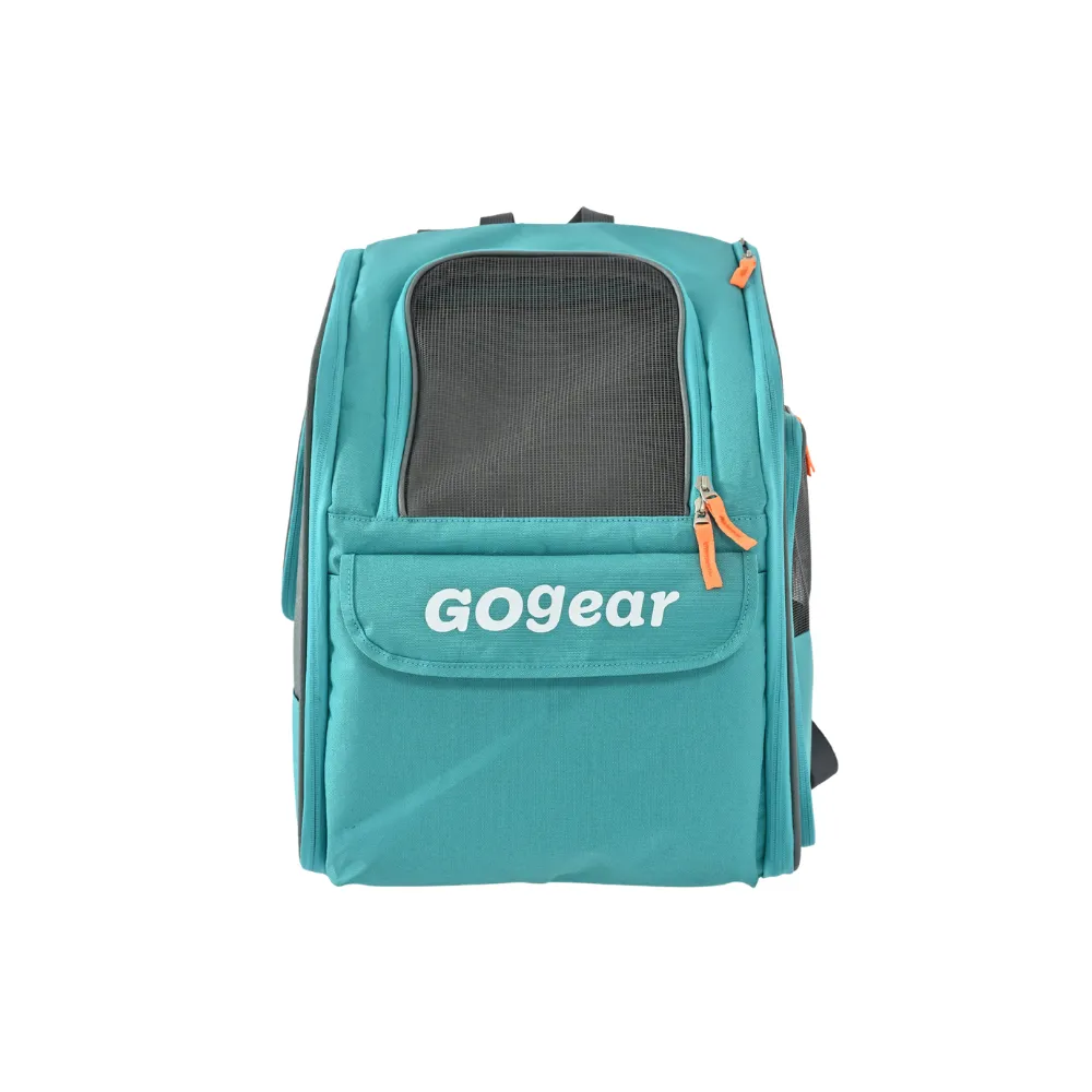 Teal Expandable Pet Carrier Backpack Front View Front view of teal and gray expandable pet travel backpack with mesh ventilation window