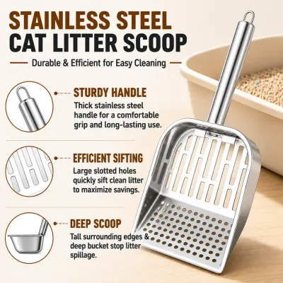 Stainless Steel Cat Litter Scoop Features Stainless steel cat litter scoop with sturdy handle, large sifting slots and deep spill-resistant edges