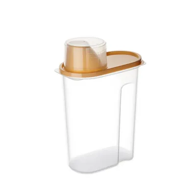Transparent pet food storage container with airtight lid and built-in measuring cup on a white background