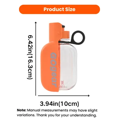 Size dimensions of a 350ml portable dog water bottle with foldable bowl for travel and outdoor use.