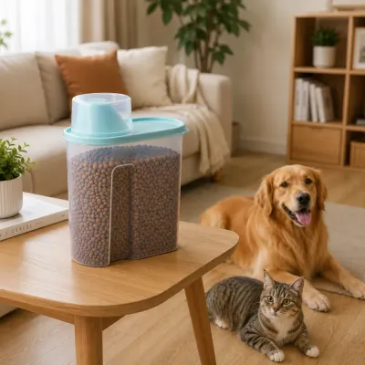 Pet food storage container filled with dry kibble on a table with a dog and cat in a modern living room