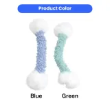 Fluffy tug stick cat toy available in blue and green plush colors for interactive indoor cat play