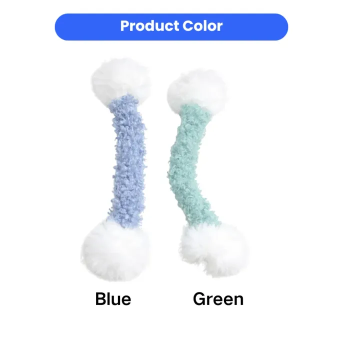 Fluffy tug stick cat toy available in blue and green plush colors for interactive indoor cat play