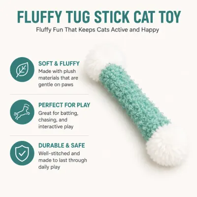 Soft Plush Fluffy Tug Stick Cat Toy for Interactive Play Soft plush fluffy tug stick cat toy featuring durable stitching and fluffy pom poms for indoor cats