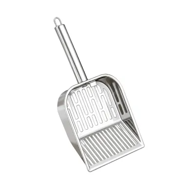 Deep Stainless Steel Cat Litter Scooper Deep silver stainless steel cat litter scooper with elongated slots, raised edges and hanging handle