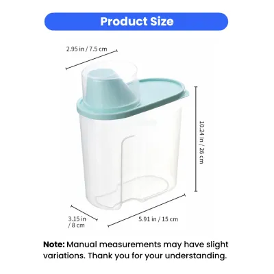 Dimensions of the pet food storage container with measuring cup lid shown in inches and centimeters
