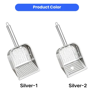 Stainless Steel Cat Litter Scoop Styles Two silver stainless steel cat litter scoops with slotted and perforated sifting designs