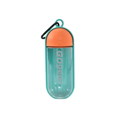 Turquoise portable dog water bottle with orange protective cover and black carabiner on a white background