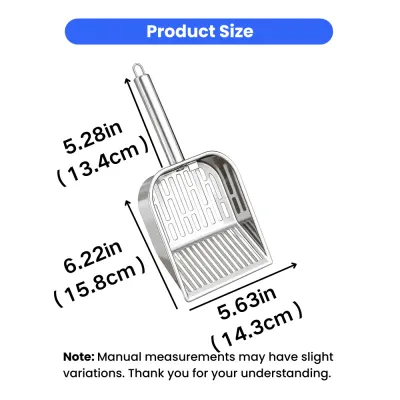 Stainless Steel Cat Litter Scoop Size Guide Stainless steel cat litter scoop measuring 5.63 inches wide with a 6.22-inch deep scoop and 5.28-inch handle