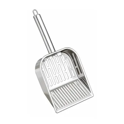 Slotted Stainless Steel Cat Litter Scoop Silver stainless steel cat litter scoop with long sifting slots and deep surrounding sides on a white background