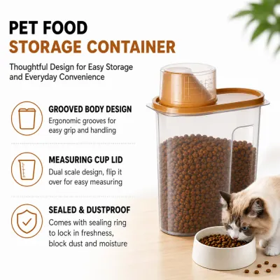 Airtight pet food storage container featuring grooved body, measuring cup lid and sealed design
