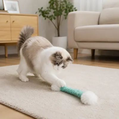 Blue and Green Fluffy Tug Stick Plush Cat Toys Set Blue and green fluffy tug stick plush cat toys displayed together on a white background