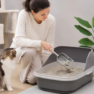 Stainless Steel Cat Litter Scoop for Easy Cleaning Pet owner using a stainless steel cat litter scoop to remove clumped litter from a large cat litter box