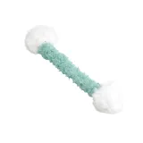 Green fluffy tug stick plush cat toy isolated on a white background